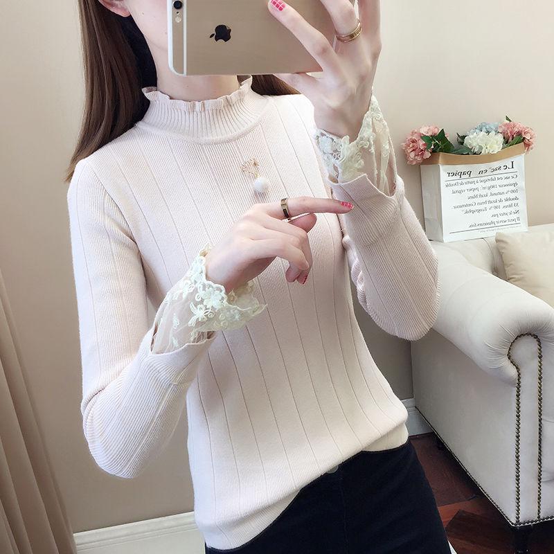 Autumn and Winter Half-high-necked Sweater Lace Inside Slim Long-sleeved Bottoming Shirt