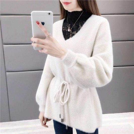 Casual Autumn Winter Lace Up Sweater Women Mohair Knitted Sweaters Warm Long Sleeve Pullover Sweater