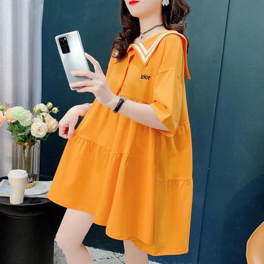 Women's Loose Summer Dress Round Neck Short-sleeved Large Skirt Dress Sailor Suit Dress Sweet and Cute Cotton Fabric Absorbent and Breathable