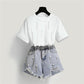 Fashion Women's Denim Shorts Set Summer T-Shirt Ripped Shorts Two-Pieces Sets Loose T-shirt Set