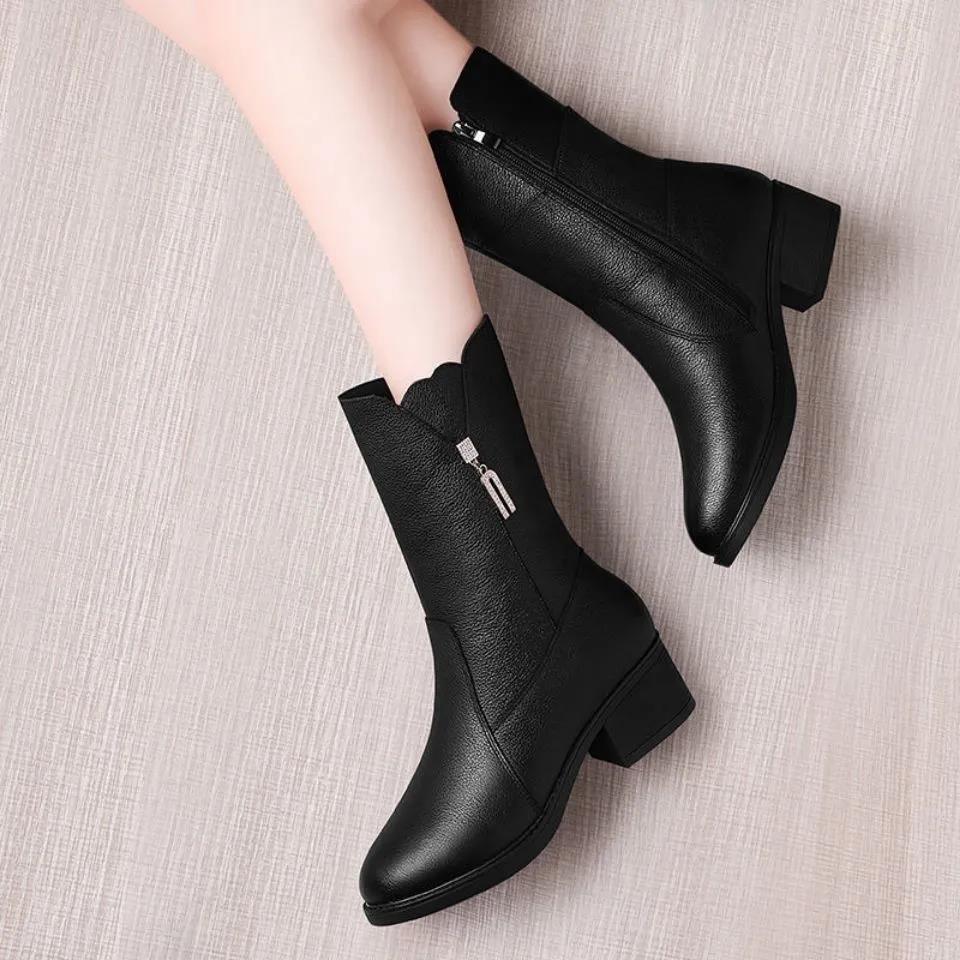 Autumn and Winter Plus Velvet Warm Soft Leather Mid-tube Martin Boots Mid-heel Cotton Boots