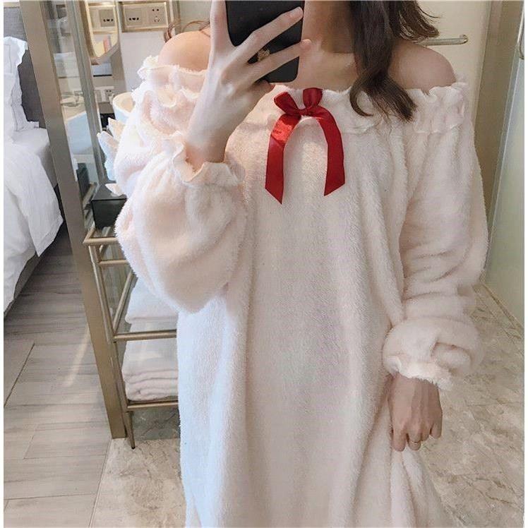 Princess Style Pajamas Women Winter Coral Velvet Soft and Warm Cute Sweet Girl Plus Velvet Loose Autumn and Winter Long-sleeved Flannel Nightdress