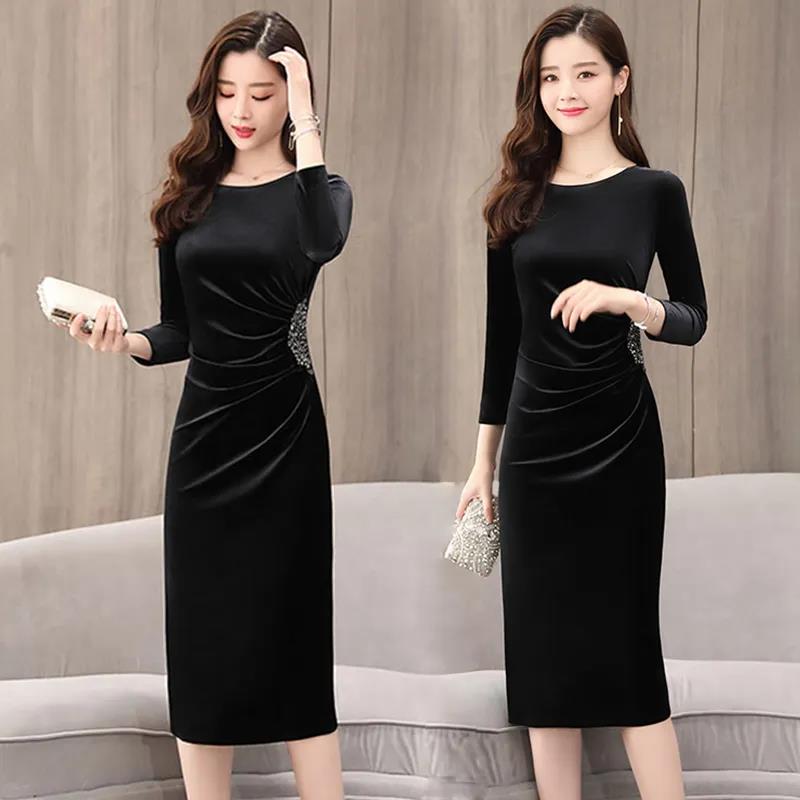 Women's Spring and Autumn Long Dress Gold Velvet Dress Long Sleeve Skirt