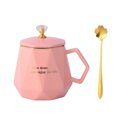 Coffee Cup Mug with Lid Spoon Ceramic Cup European Style Korean Female Student Large-capacity Tea Cup Home Drinking Water