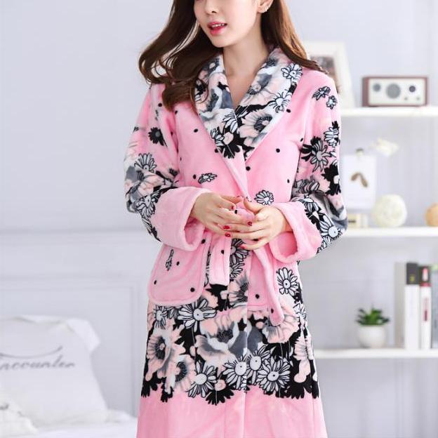 Winter Kimono Robe Plush Fleece Bathrobes for Women Soft Warm Printed Long Sleeve Sleepwear Pajamas