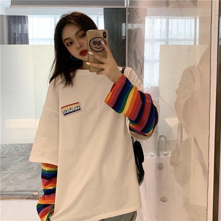 Spring Autumn Women Harajuku Long Sleeve Rainbow O-Neck T-Shirts  Casual Striped Femme Black Tops Pullover