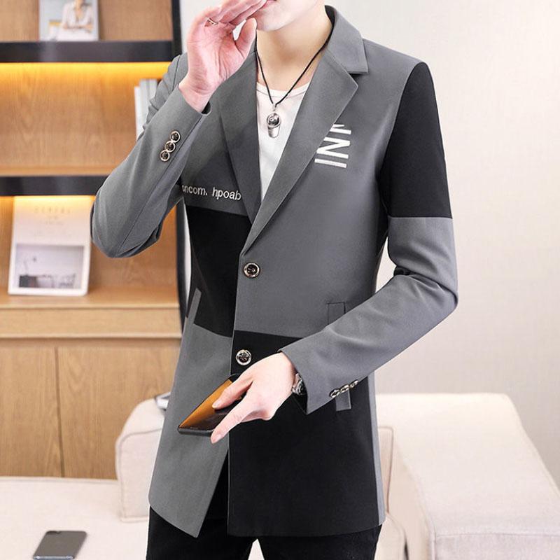 Men V-neck Business Suit Stitching Color Buttons Coat Casual Slim Windbreaker Trend Parka Spring & Fall