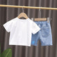 Children's Summer Boys Girls Short Sleeve Suit Casual Printed Bear Three-dimensional Pocket T-shirt Denim Shorts Two Piece Set