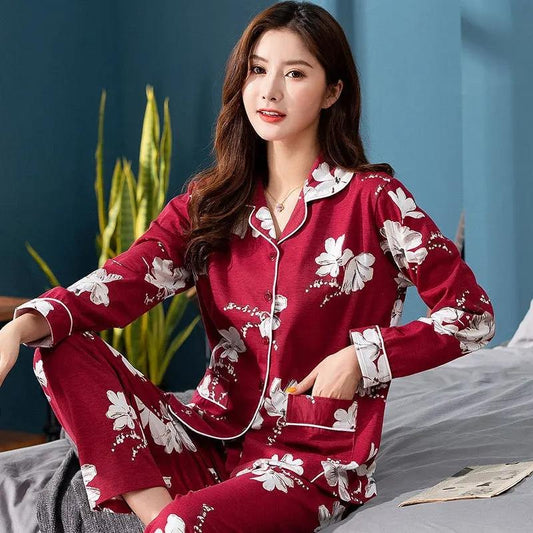 Women's Long Sleeve Floral Printed Pajamas Set Spring Autumn Casual Sleeping Suit Loose Comfortable Home Wear Pants Blouses Two Piece Set