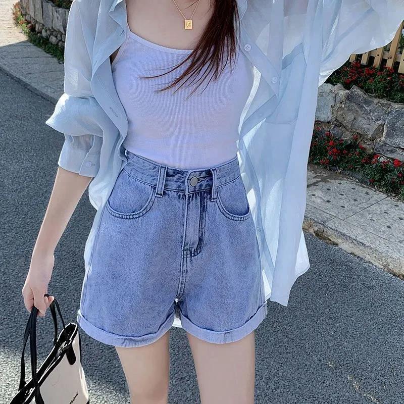 Summer Denim Shorts Women's Loose High Waist Was Thin, Wild Wide-leg Curled A-line Version Type Denim Ladies Shorts with Waist Was Thin