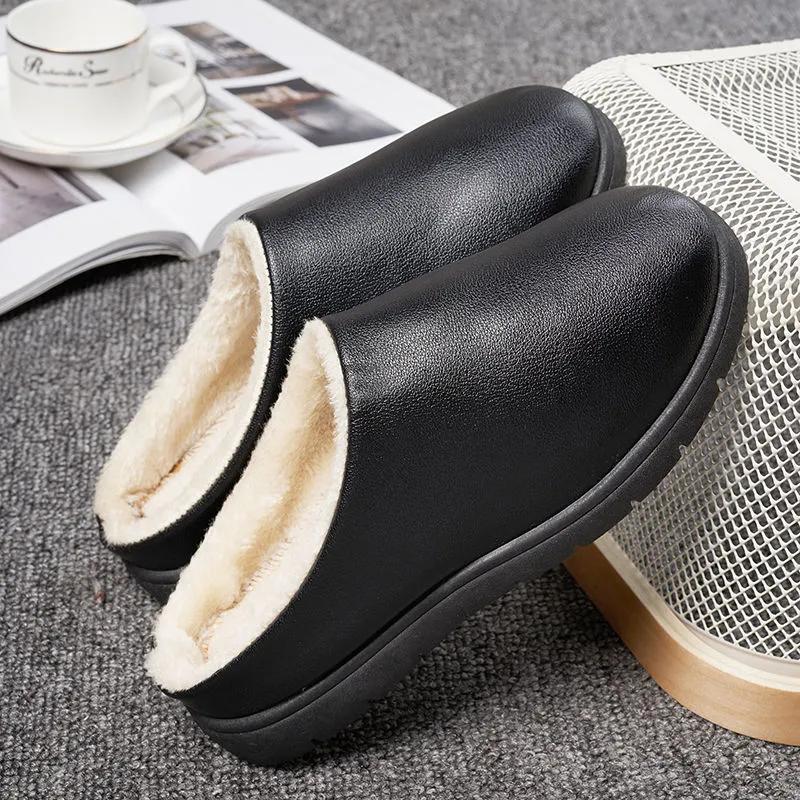 Cotton Slippers Winter Leather Waterproof Thick Warm Women Slide Plus Size Mens Slippers