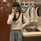 Sweater Vest Women Vintage Sleeveless Knitted Crop Tops Girls Patchwork Flowers Spring Simple Casual V-neck Japanese Style Chic