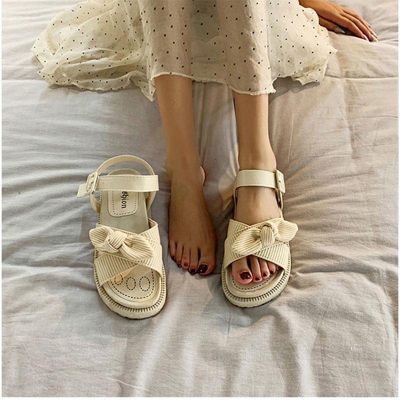 Women's Summer Flat Sandals Cute Bow Roman Thick-soled Beach Shoes Non-slip Comfortable Breathable Sandals