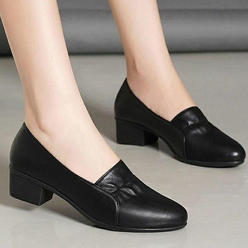 2021 Spring and Autumn Soft Leather Shallow Mouth Single Shoes Women Thick-heeled Soft-soled Mid-heel Non-slip Work Shoes Women's Leather Shoes