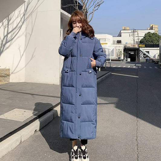 Winter Warm Down Padded Jacket Women's Loose Super Long Style Knee-to-ankle Padded Bread Jacket Stand-up Collar Hooded Down Jacket Sleeves Slim Fit