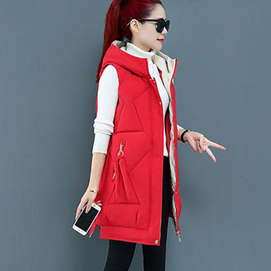 Autumn and Winter Down Jackets Women's Mid-length Cotton Vest Loose Thickened Cotton Vest Female Sleeveless Hooded Coats