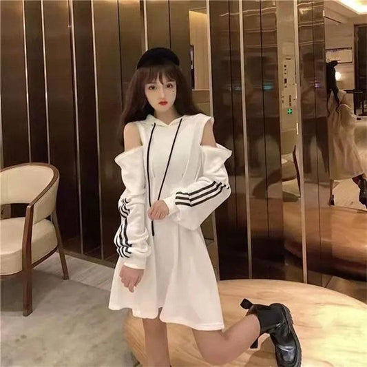 Black Skirt Side Zipper Long-sleeved Off-the-shoulder Dress Western Style High Street Sweater Dress Striped Skirt