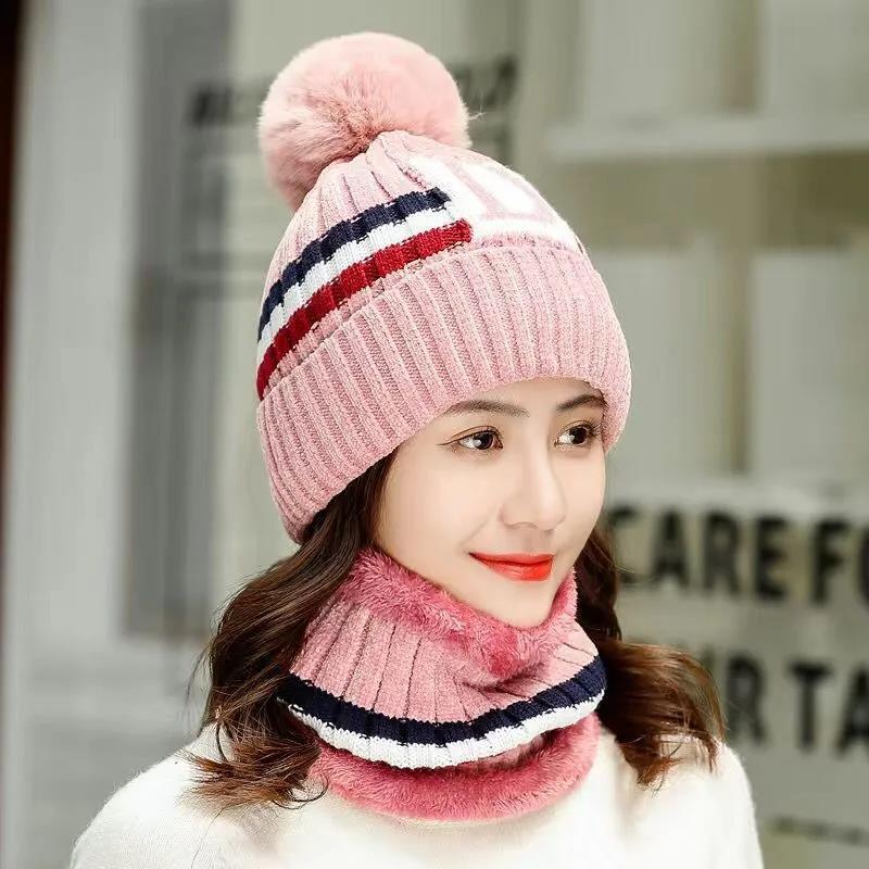 Winter Hat Bib Suit Plus Velvet Thick Warm Knitted Wool Hat Outdoor Windproof Mask Bib One for Women