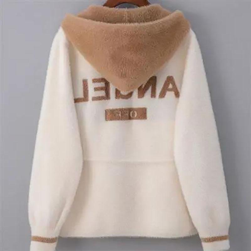 Autumn and Winter Stitching Color Letters Loose Button Short Jacket Thick Knitted Hooded Cardigan Sweater