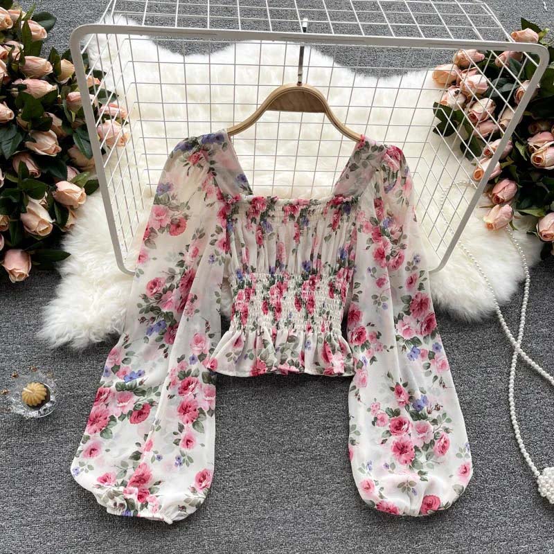 Floral Chiffon Shirt French Sweet Flower Print Bubble Lantern Sleeves Off the Shoulder Top Slim Blouses Sexy Pullover Womens Tops Summer Blouse