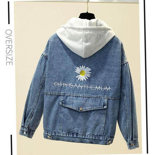 Autumn Style Detachable Cap Embroidered Daisy Denim Jacket Female Loose Student Jacket Top