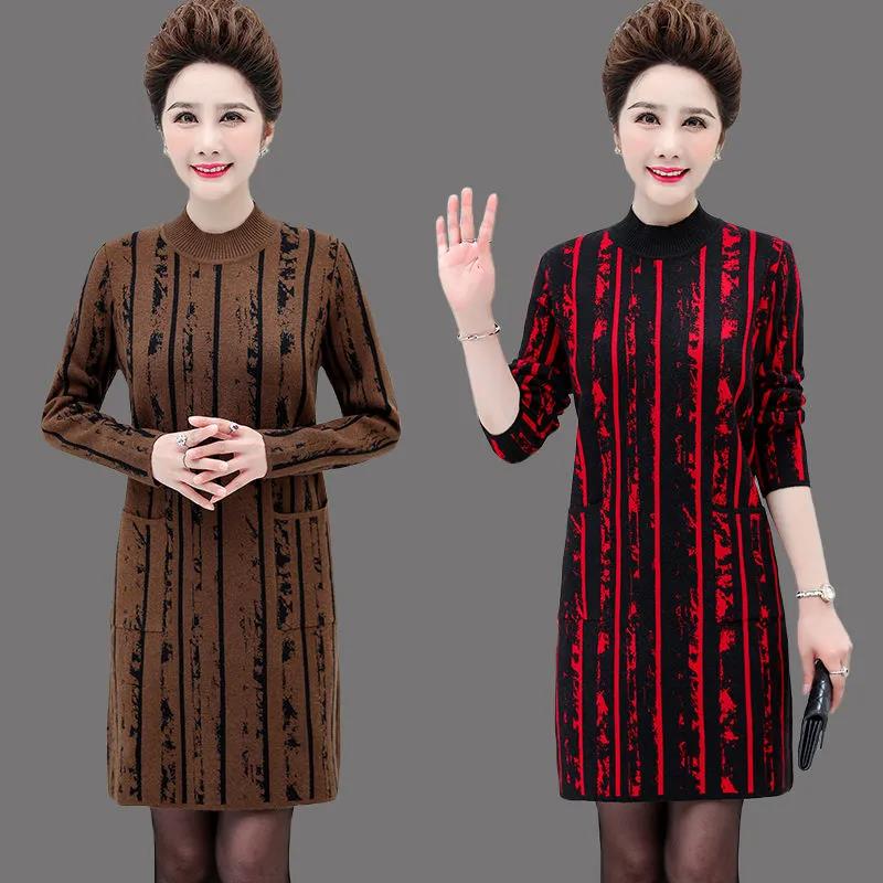 Women's Plush Thickened Autumn and Winter Mid-length Dress Large Size Versatile Mother's Casual Dress