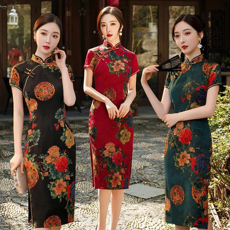 High-end Cheongsam Women's Mid-length Summer Short-sleeved Flower Luo Low Slits Retro Slim Slim Banquet Dress