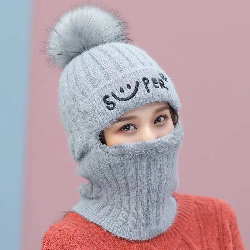 Beanies Women Knit Skullies Mask Hats Plush Warm Winter Caps Fashion Lady Knitted Skullies Beanies Hat