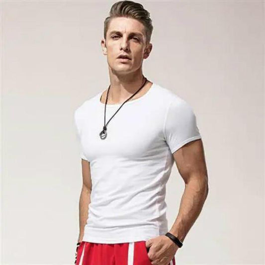 Men's Slim T-shirt Short-sleeved Sports Stretch Solid Color Round Neck Bottoming Shirt Fitness Half-sleeved Top Summer Tide