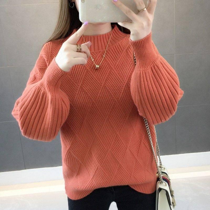 Casual Turtleneck Sweater Woman Winter Knitting Pullovers Lantern Sleeve Knitted Solid Jumper Women