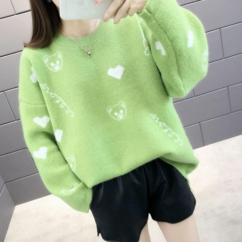 Autumn and Winter Thick Plus Size Sweater All-match Thinner Round Neck Jacket Lantern Sleeve Knitted Female Top