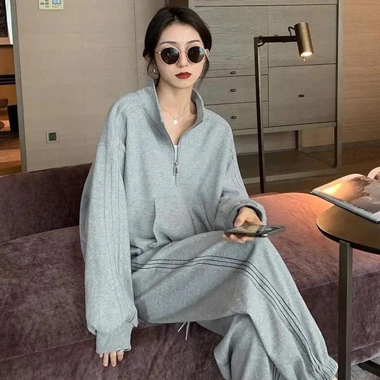 2PCS Grey Sports Casual Suit Women's Spring and Autumn Loose Sweater Coat Long Pants Two-piece Set Girls Athletic Clothing Fitness Jogging Suit