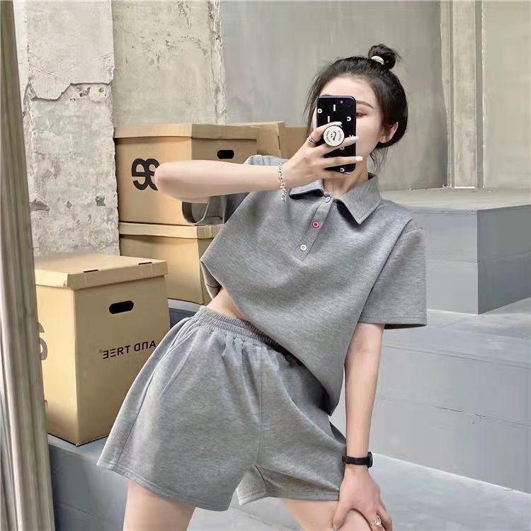 2PCS Casual Sports Suit Women's Summer Short-sleeved Polo T-shirt Shorts Sweet Two-piece Suit Workout Clothes Set