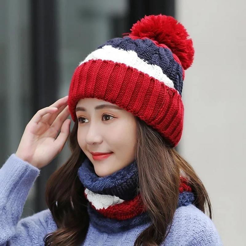 Women's Winter Knitted Hat Korean Style Woolen Cap Plus Velvet Fur Ball Warm Hat Cotton Cap Cycling Cold Proof Cap with Scarf Neck Protection