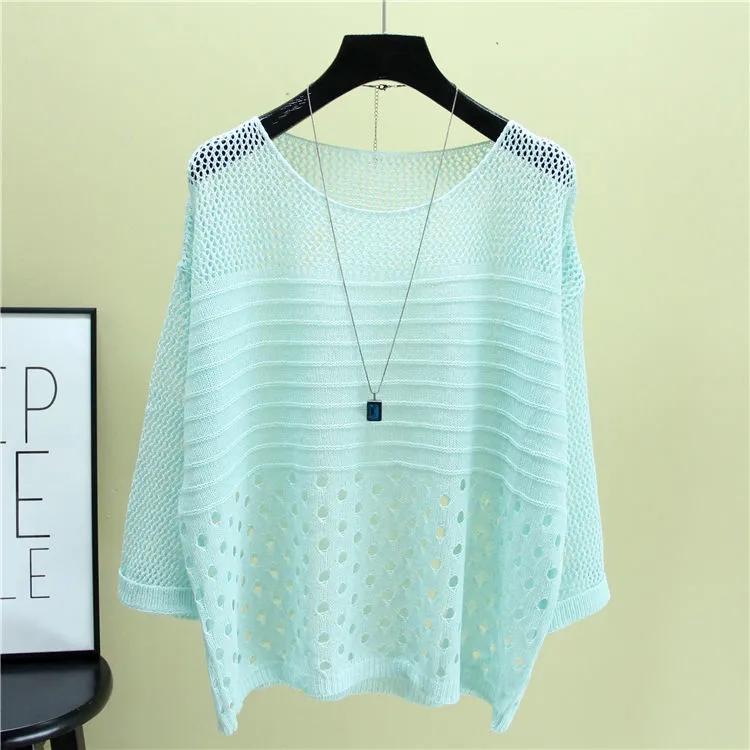 Summer Thin Bottoming Blouse Hollow Top Loose Pullover Knitted Sweater Women's Sunscreen Solid Color Breathable T-shirt