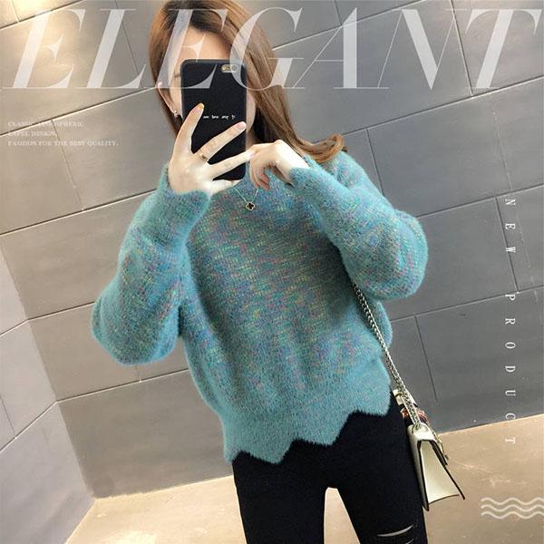 Autumn Winter Korean Knitwear Women Knit Pullover Sweater Tops High-neck Thick Mohair Colorful Rainbow Sweater Outwear