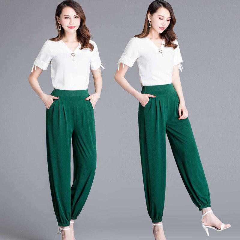 Women's Summer Thin Ice Silk Bloomers Plus Size Mother Pants Nine Points Anti-mosquito Square Dance Pants