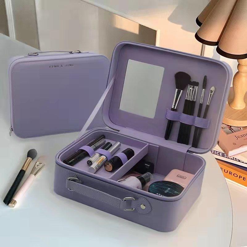 Large Capacity with Mirror Cosmetic Case Portable Makeup Case Travel Portable Cosmetic Storage Case Makeup Bag Organizer Pink Toiletry Bag