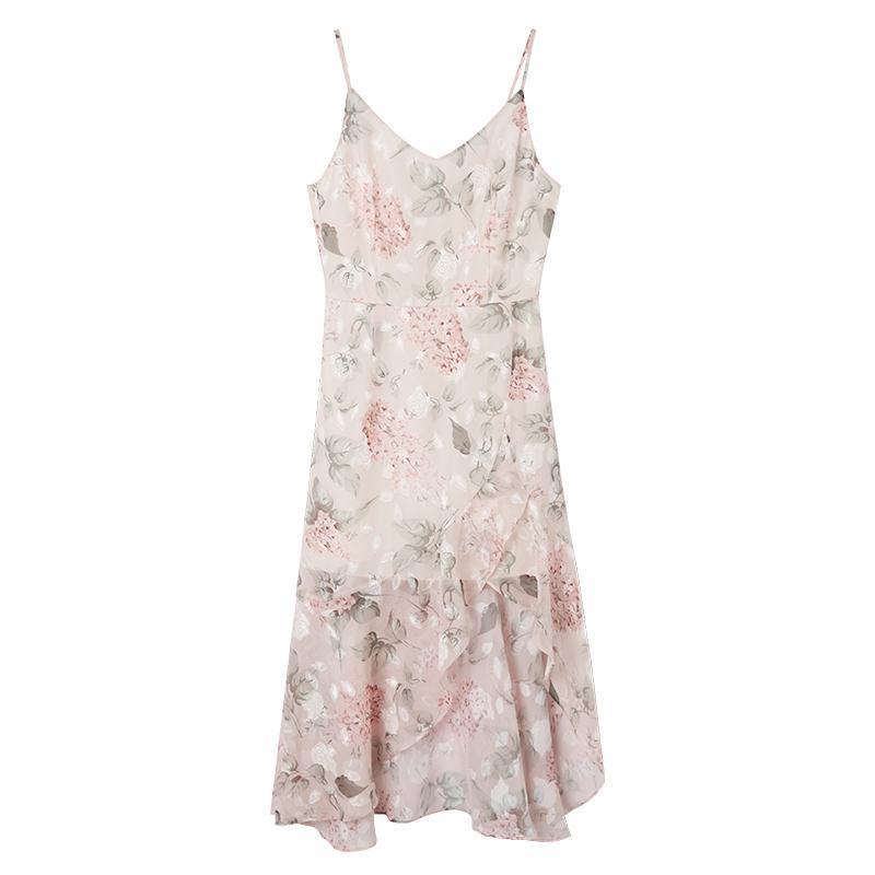 Women Spring Summer Flower Print Dress Sleeveless Suspenders Chiffon Dress Sexy Split Women Dress