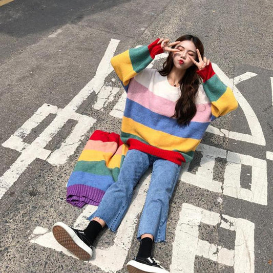 Rainbow Striped Sweaters Women Jumpers Knitted  Round Neck Loose Pullover Long Sleeve Knit Sweater Autumn Winter Female