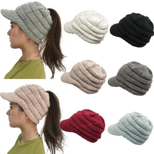 Women's Knitted Ponytail Hat Woolen Warm Cap Sports Outdoor Style Warm Baseball Cap All-match Outdoor Riding Hat Empty Peaked Knitting Cap with Brim