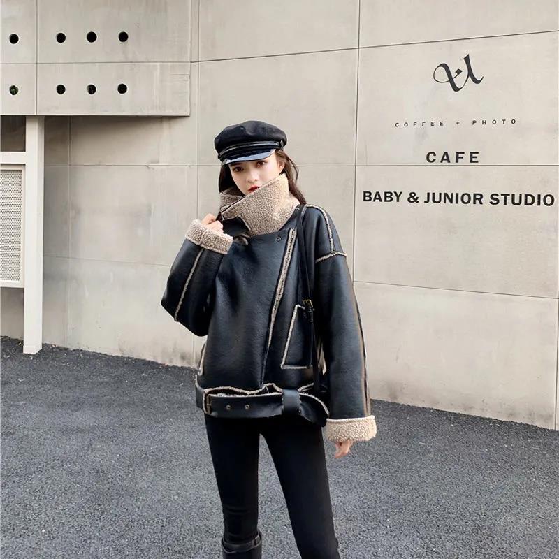 Winter Fashion Cool Plus Cotton Women's Warm Lamb Wool Short Coat Thicked Motorcycle Leather Coat Big Lapel Jacket Girl Winter Clothes Parka Coat