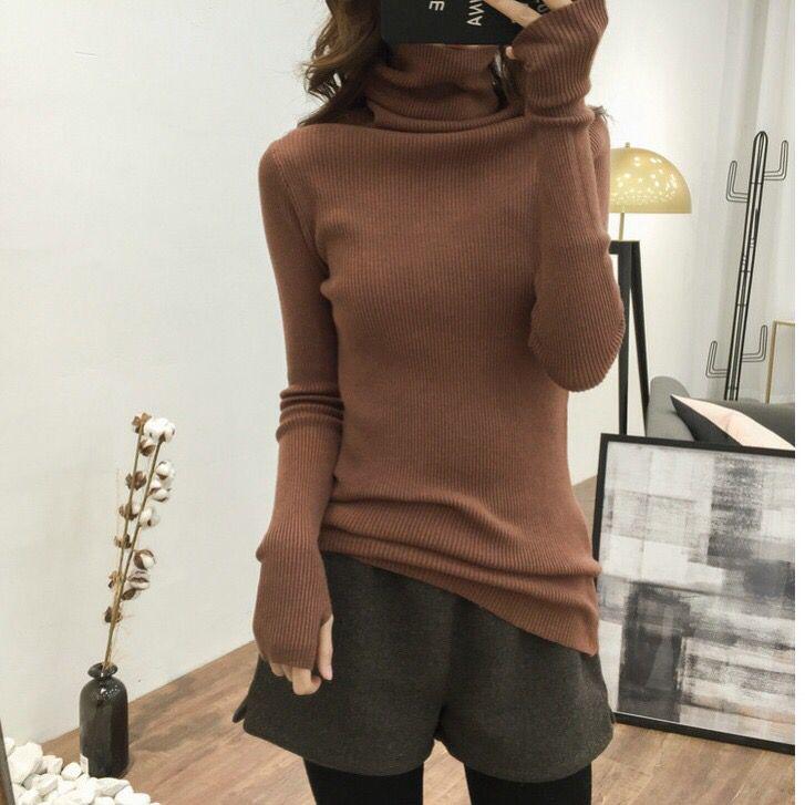 Pofulove long sleeve pullover base sweater autumn and winter tops Slim pile turtleneck sweater women