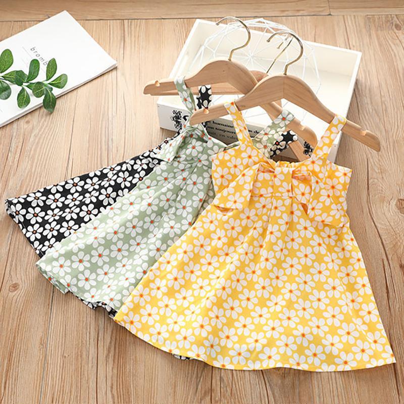 Summer Baby Girls Sling Dresses Children's Clothing Girls Sweet Lovely Polka Broken Flowers Bow Sleeveless Vest Dress