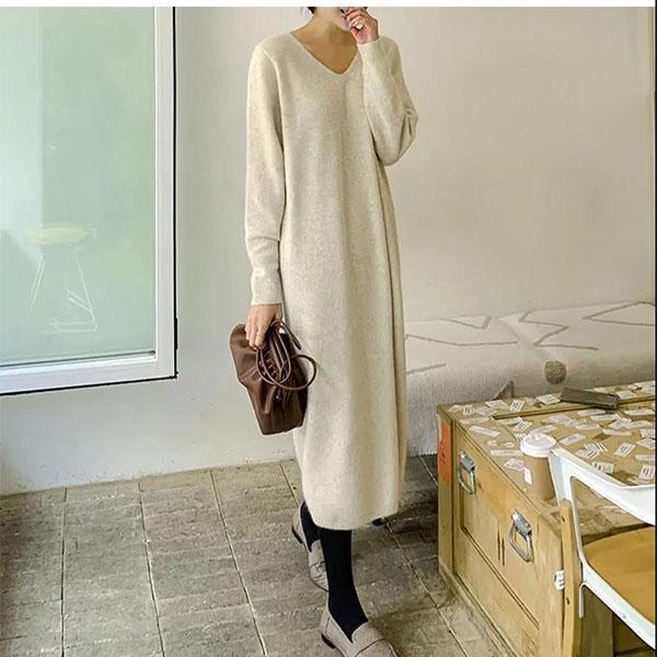 Autumn and Winter Long Sweater Skirt Over The Knee All-match Women's Pullover Long Sleeve Loose Large Size Sweater