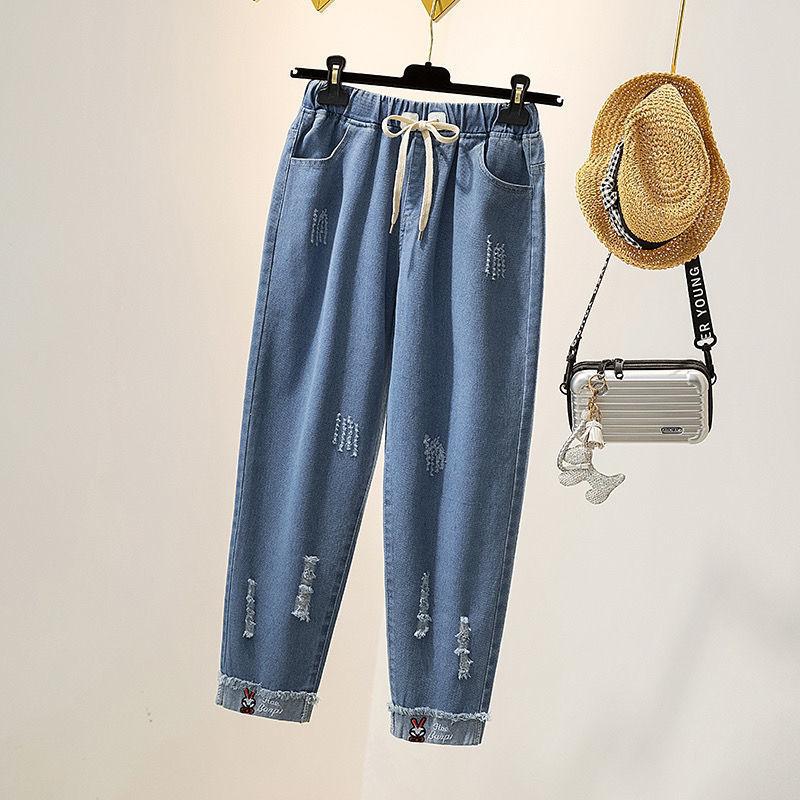 Spring and Autumn Korean Style Loose Elastic Waist Jeans Women Embroidered High Waist College Style Harlan Straight Pants