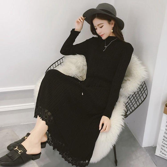 Women Dress Knitted Long Dress Lace Turtleneck Women Sweater Drawsting Robe Pleated Dresses