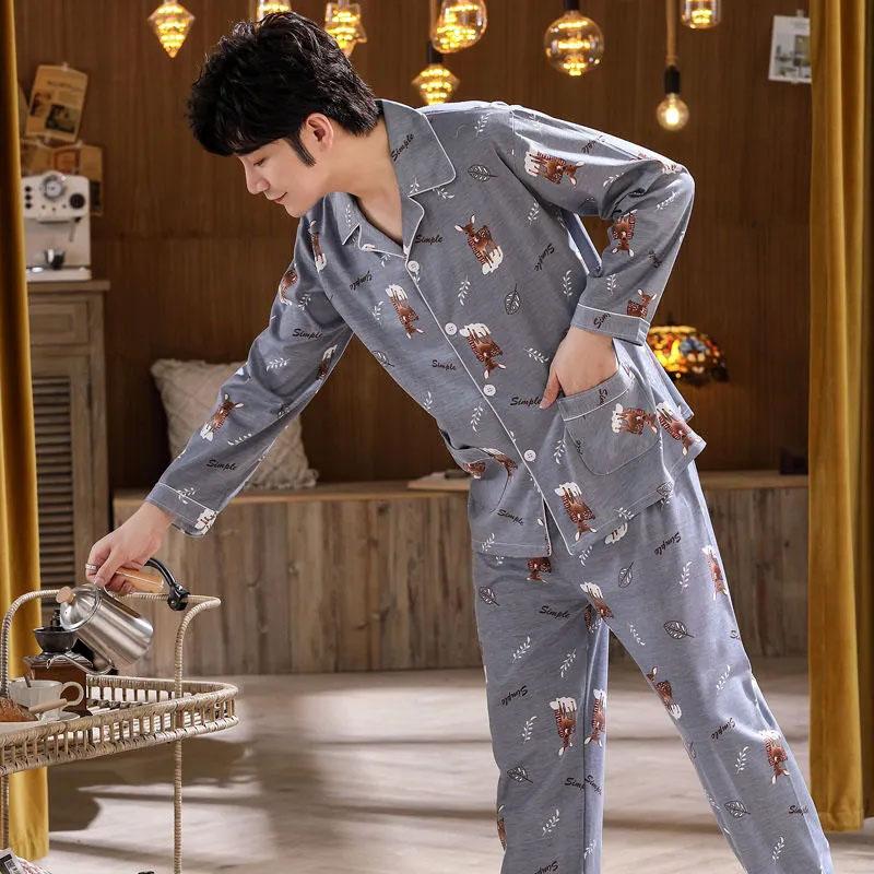 Pajamas Men's Long-sleeved Cotton Spring and Autumn Pajamas for Men's Autumn and Winter Youth and Middle-aged Thin Summer Homewear Suits