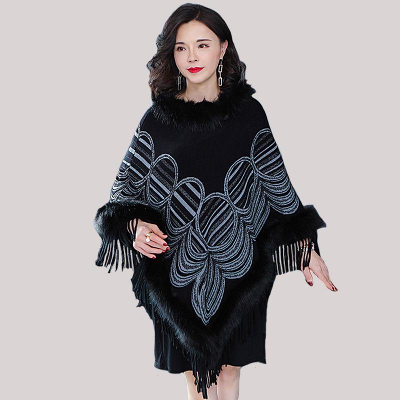 Autumn Winter Imitation Fox Fur Cloak Shawl Batwing coat Women's Faux Fur Coat Plus Size Tassel  Sweater Coat Mid-length