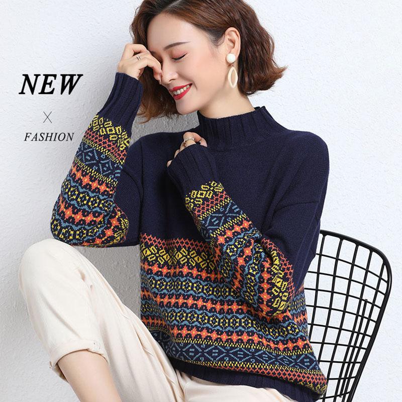 Bohemian Ladies Pullover Sweater Loose Thick Warm High Neck Sweater Vintage Printed Knitted Sweater Outer Wear Autumn Winter